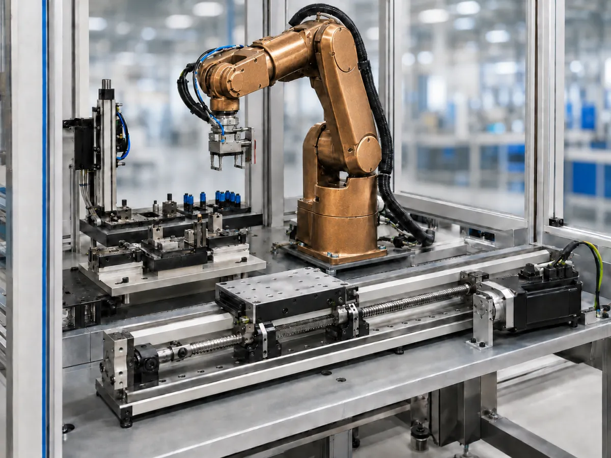 Bronze robotic arm with linear motion components in an industrial automation system