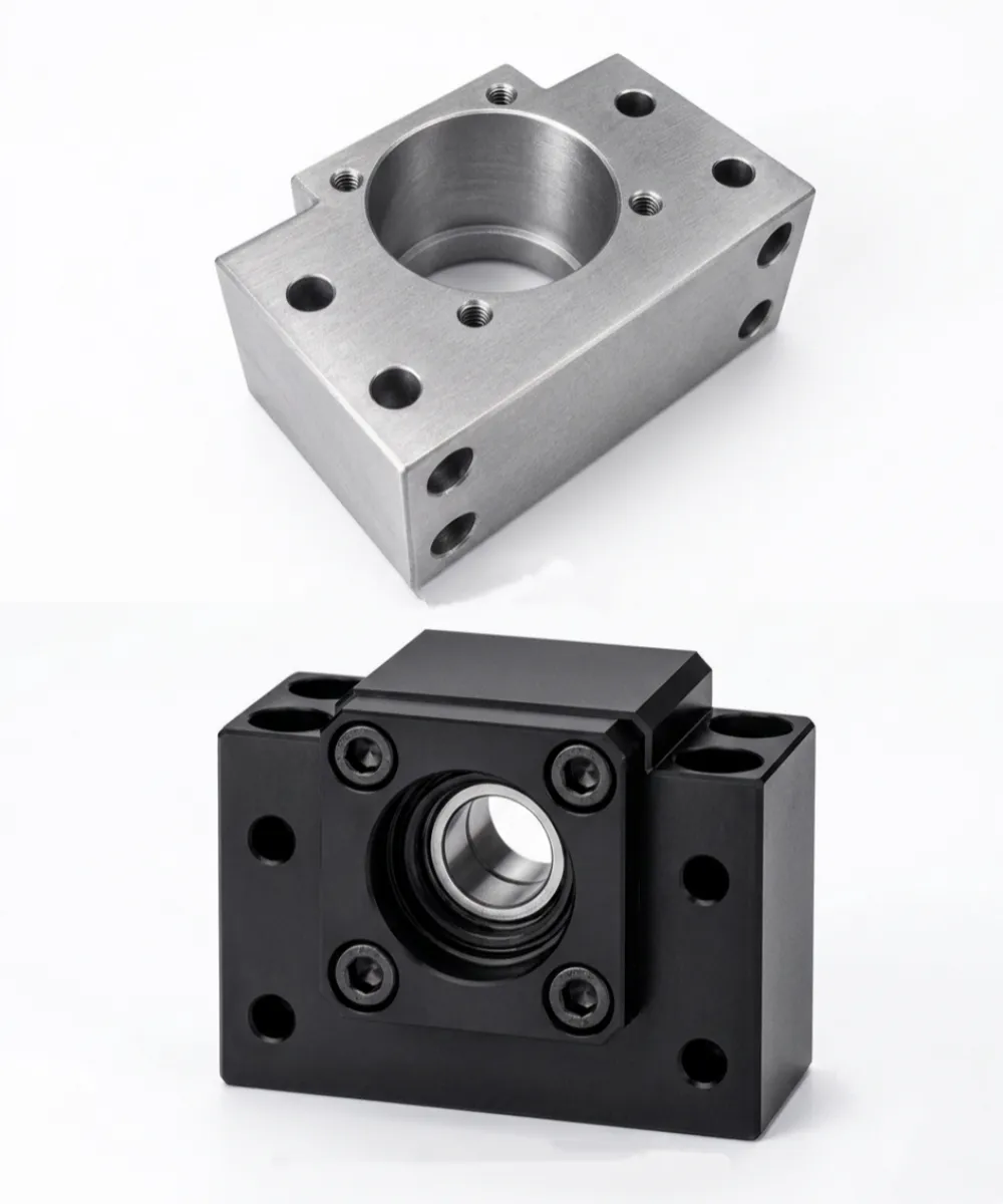 Machined aluminum motion components with black surface finish