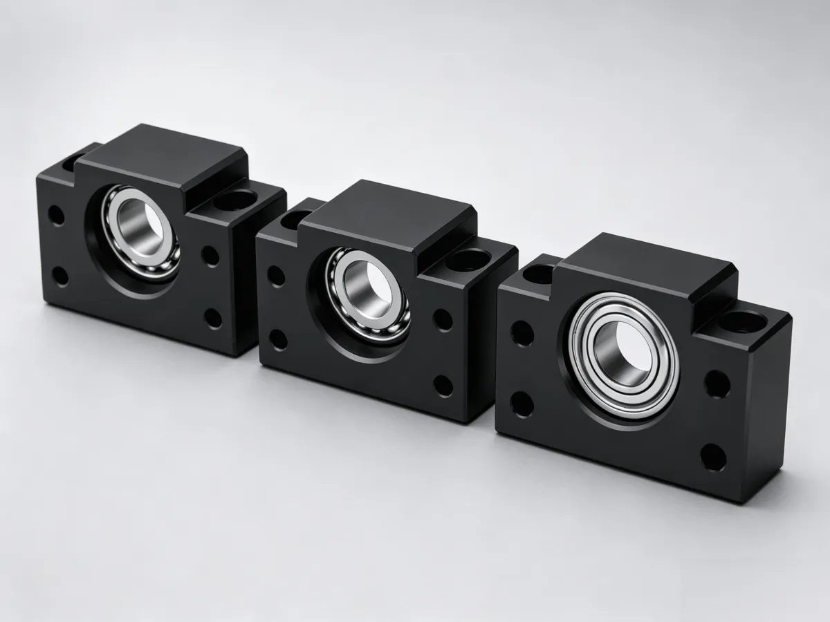 Three precision ball screw support units with installed bearings
