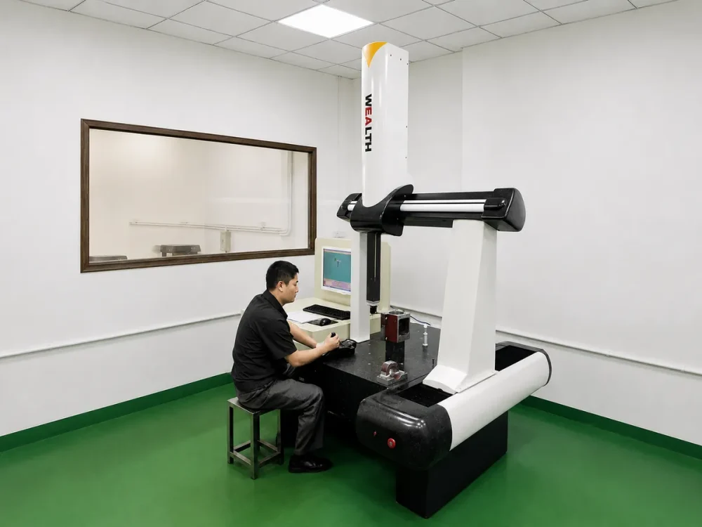 Technician inspecting precision CNC components with a coordinate measuring machine
